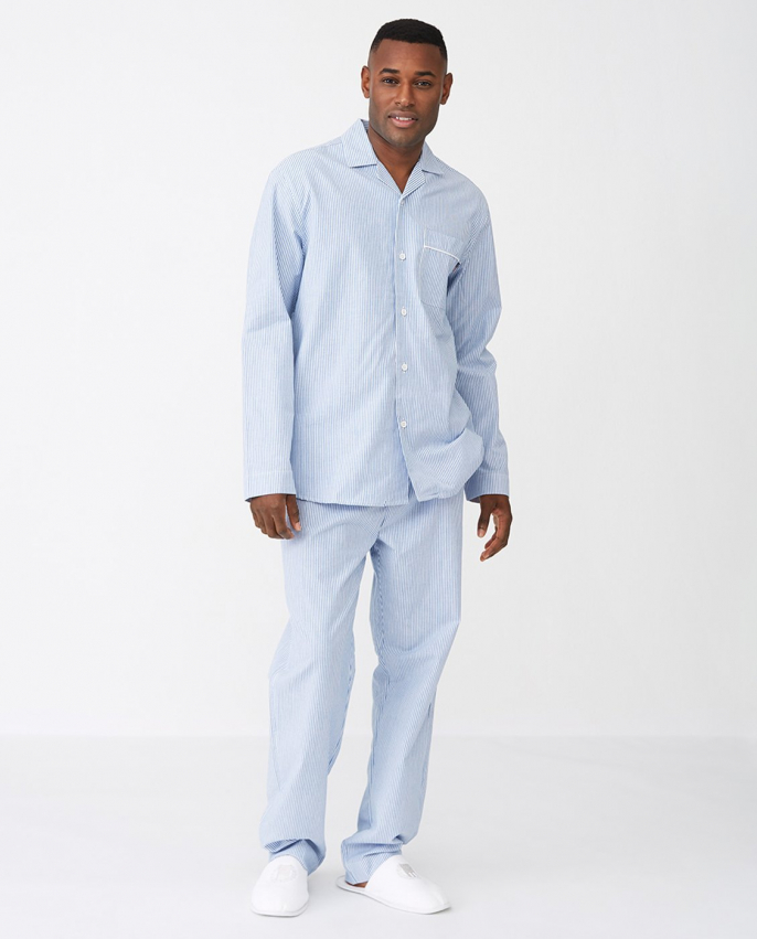 Lexington Unisex Organic Cotton Pajama Pyjamas set Blue/White i gruppen Sängkläder / Pyjamas / Nattskjorta hos Sängvaruhuset Elgen (10007013_565000)
