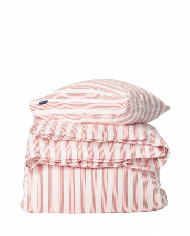 Lexington Striped Cotton Sateen Påslakanset White/Coral