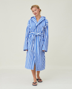 Lexington Striped Cotton-Mix Hoodie Robe Blue/White