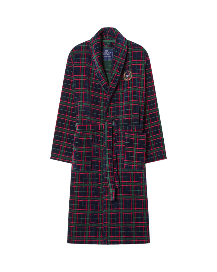 Lexington Checked Cotton Velour Unisex Morgonrock Navy/Green i rutigt mönster me