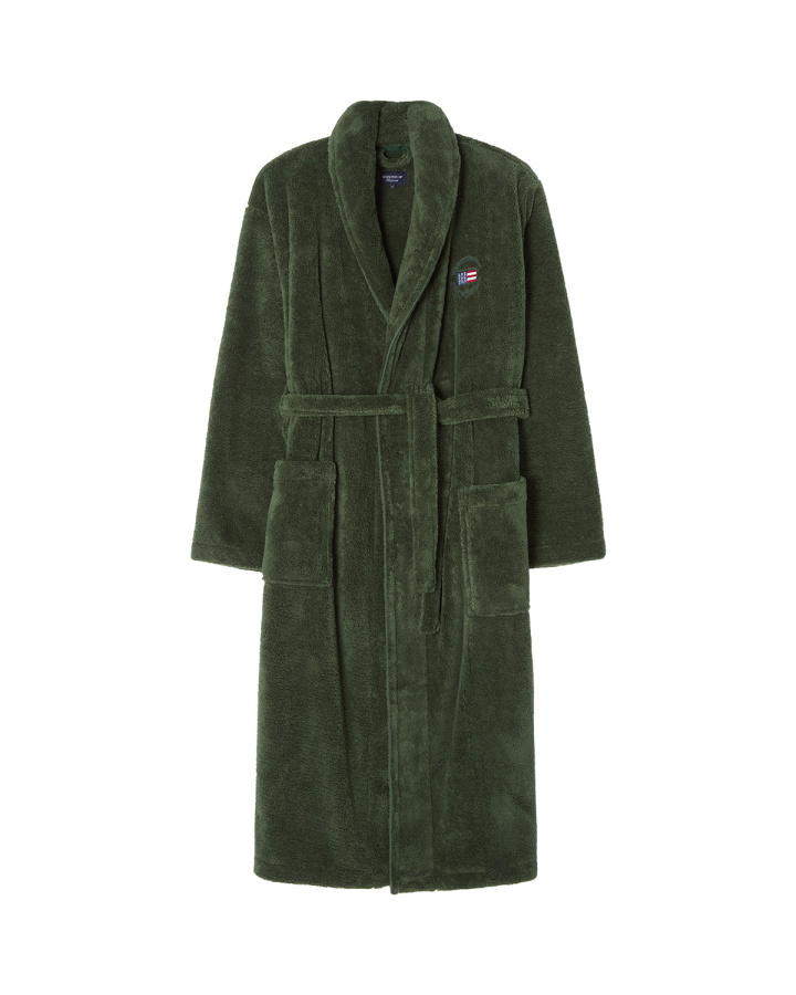 Lexington Fleece Morgonrock Unisex Green i grön färg med fickor och bälte.